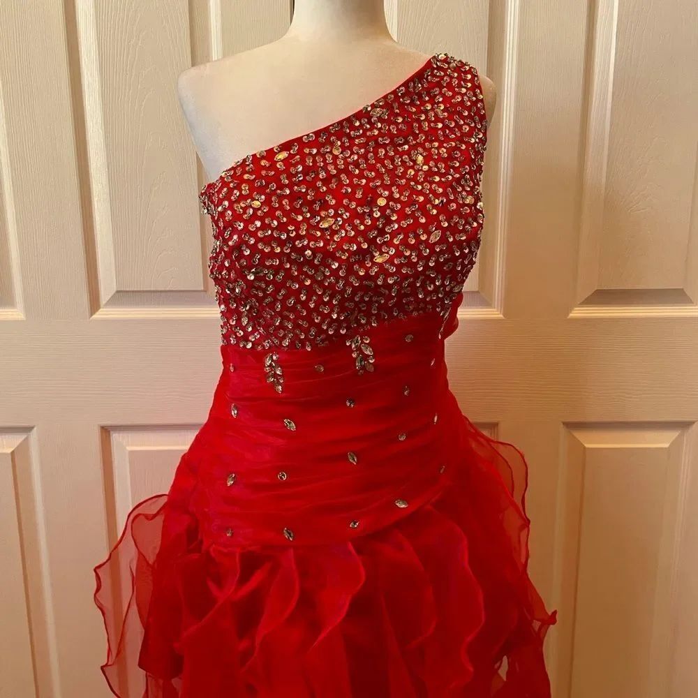 Red One-Shoulder Ruffled Gown - Picture 5 of 15